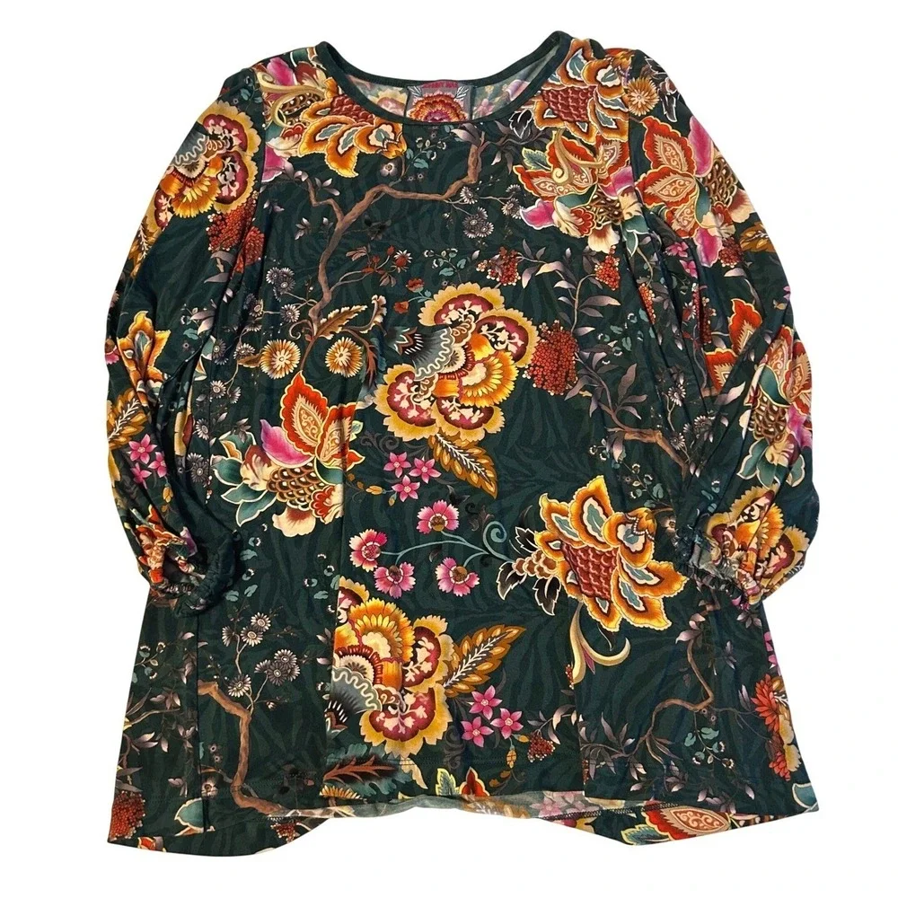 Johnny Was Orizaba‎ Puff Quarter Length Sleeve Green Floral Paisley Small